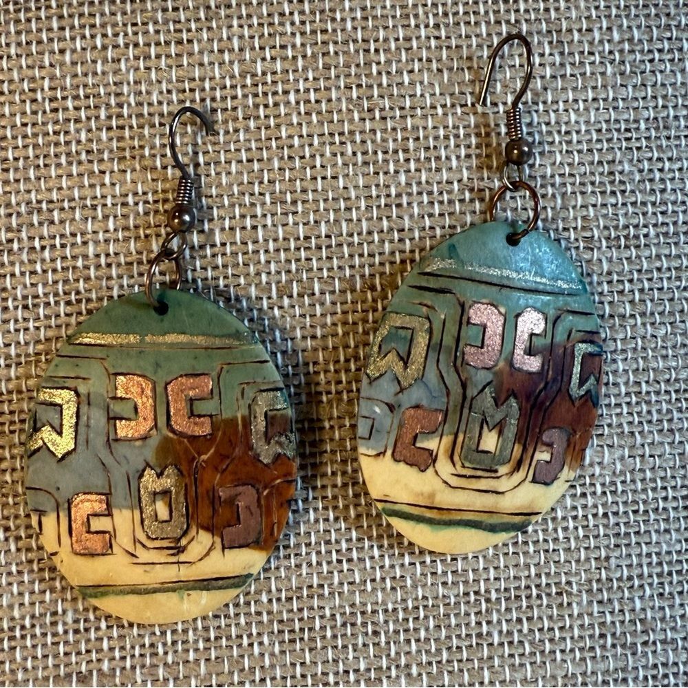 Hand painted patterned natural metallic Artistic Multicolor Dangle Earrings